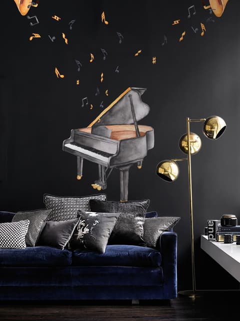 Watercolor Piano and Trumpet with Colorful Music Notes Wall Decal Sticker