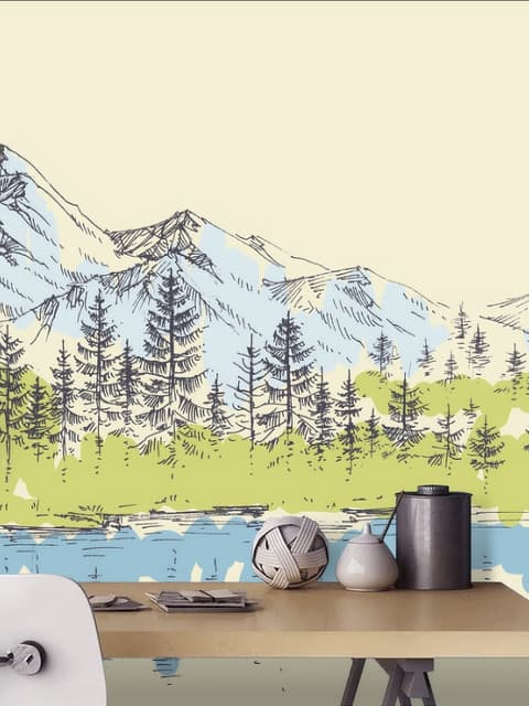 Fototapete mit Kohle-Berglandschaft, See und Kiefern