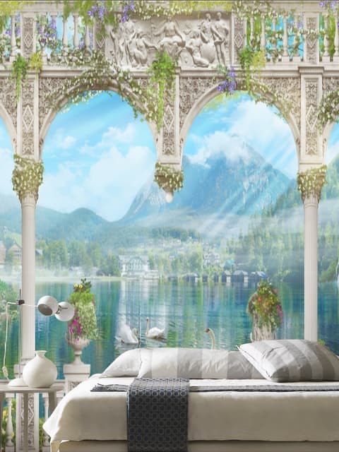 Lake Landscape on the Swan with European Style White Arches Wallpaper Mural