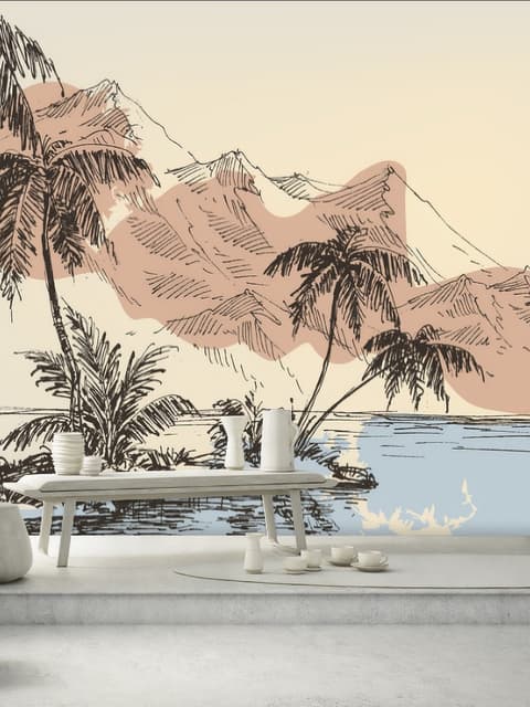 Vintage Charcoal Tropical Palm Tree and Summer Beach Wallpaper Mural
