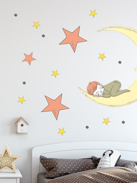 Stickers muraux lune souriante étoiles orange jaunes chambre bébé