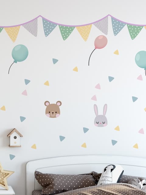 Nursery Cute Animals with Colorful Bunting and Triangle Flags Wall Decal Sticker