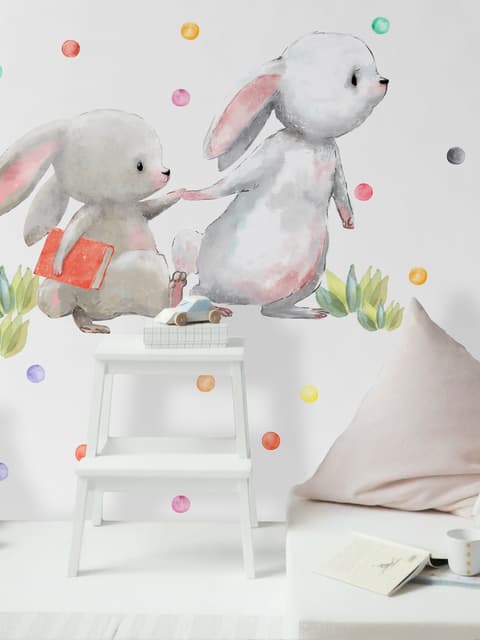 Das niedliche Kaninchen liest Bücher mit bunten Polka Dots Wandtattoo für Kinder
