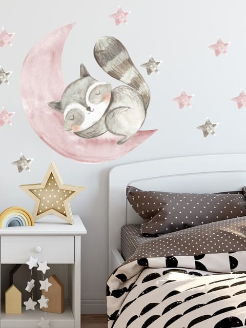 Nursery Cute Raccun and Watercolor Pink Gray Stars Wall Decal Sticker