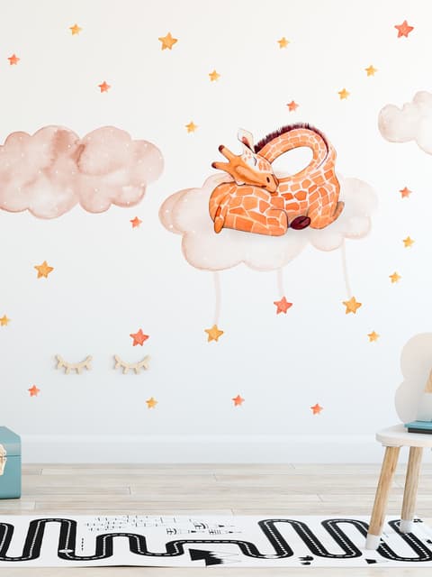 Nursery Watercolor Sleeping Giraffe and Clouds with Little Stars Wall Decal Sticker