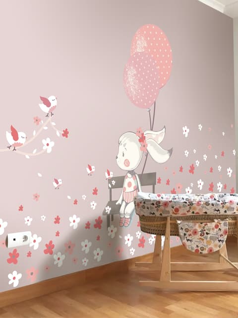 Niedlicher Hase mit Rosa Ballons und Kleinen Blumen Wandtattoo