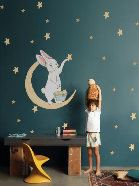 Stickers muraux lapin mignon sur le croissant de lune avec étoiles jaunes pour enfants et bébé