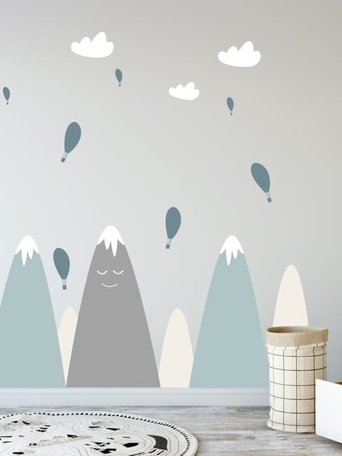 Nursery Soft Blue Gray Mountain Landscape and Little Hot Air Balloons Wall Decal Sticker