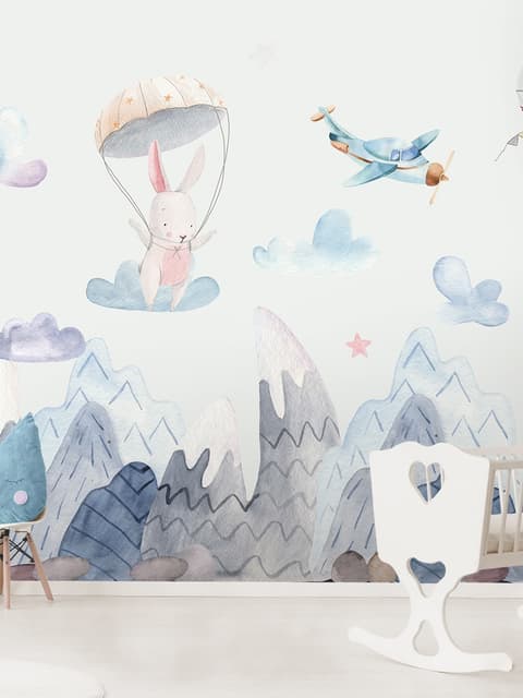 Watercolor Style Kids Landscape with Cute Bunny Wallpaper Mural