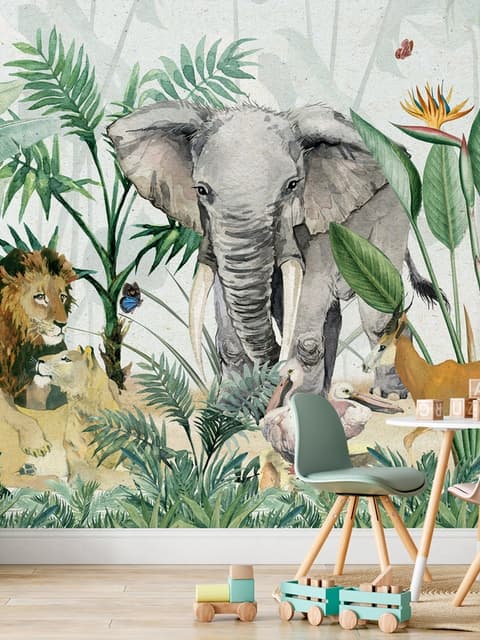 Kids Tropical Safari Animals with Green Leafs Wallpaper Mural