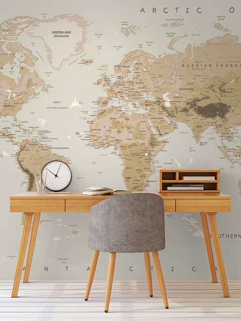 Soft Brown Political World Map Wallpaper Mural
