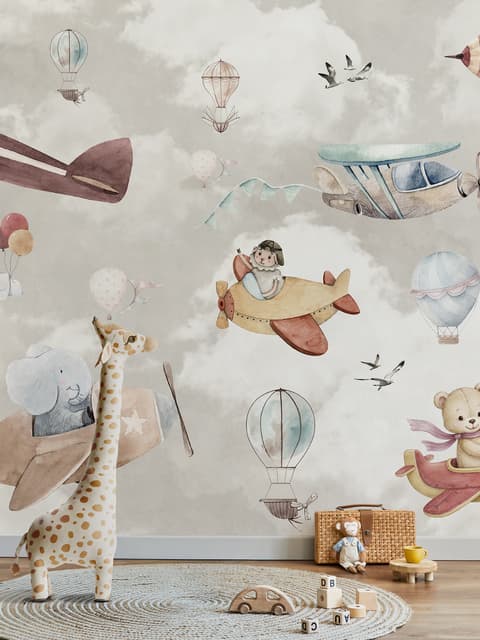 Kinderzimmer Fototapete Cartoon-Tiere fliegen mit Flugzeug