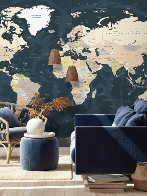 Navy Blue Political World Map Wallpaper Mural