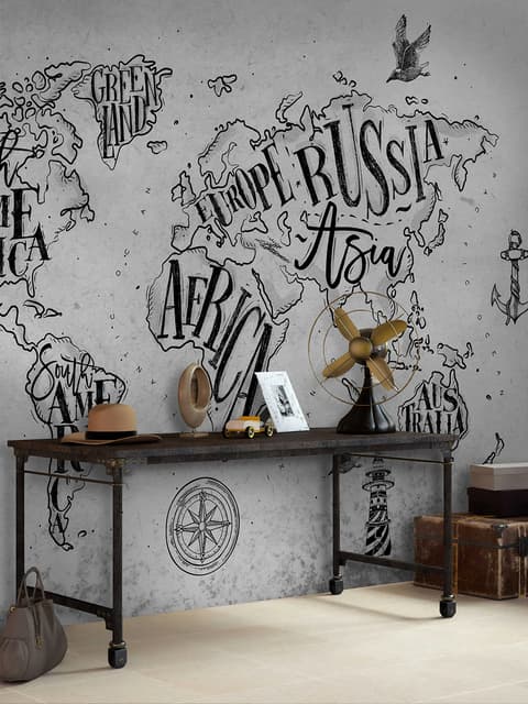 Vintage Charcoal World Map Wallpaper Mural