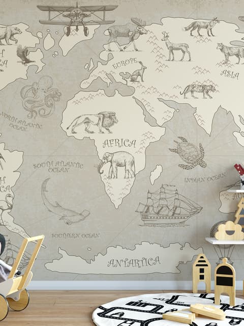 Papier peint carte monde continents marron animaux dessinés