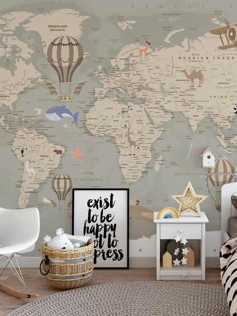Kids Soft Brown Political World Map with Drawing Animals Wallpaper Mural