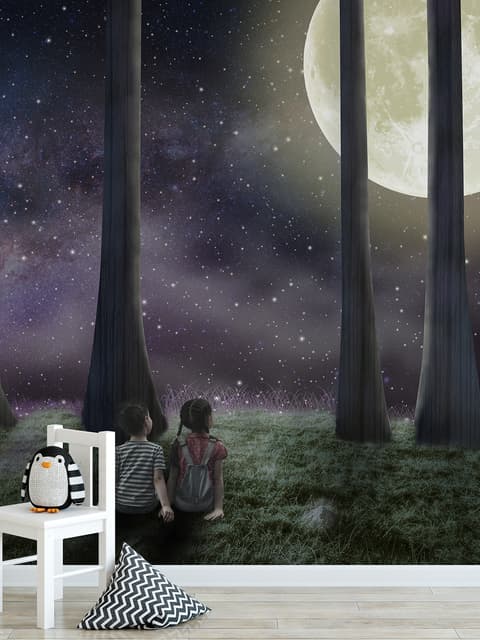 3D Look Moon Landscape with Cute Kids Wallpaper Mural