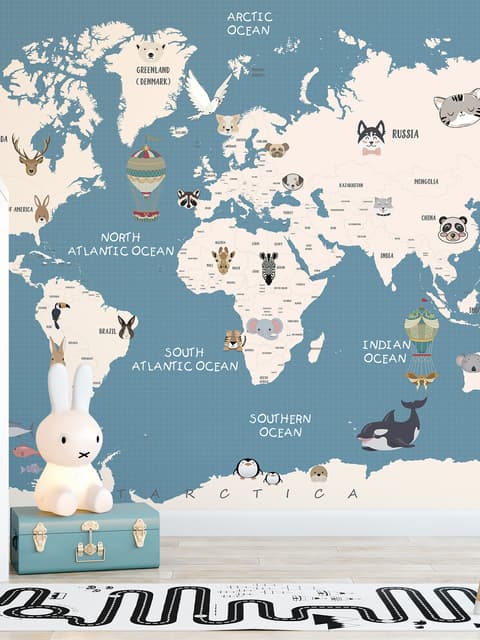 Kids Political World Map with Old Hot Air Balloons Wallpaper Mural