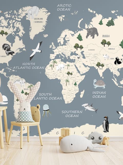 Kids Political Soft World Map with Cute Animals Wallpaper Mural