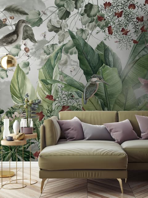 Papier peint panoramique forêt nostalgique fleurs colorées