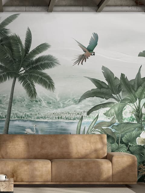 Papier peint forêt tropicale brumeuse lac