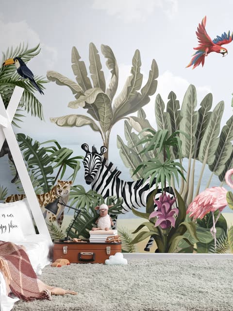 Papier peint panoramique de la jungle des enfants avec des animaux exotiques