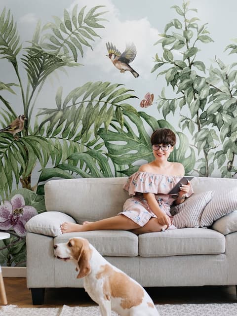 Papier peint feuilles tropicales oiseaux fleurs