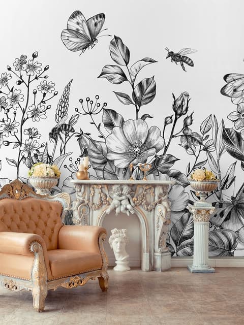 Black and White Floral Wallpaper Mural