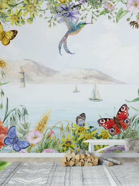 Papier peint panoramique vue mer fleurs jardin
