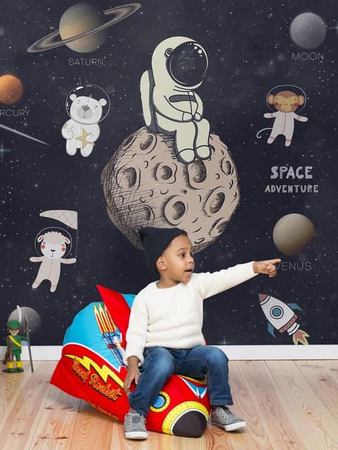 Astronaut and Animals in Space Wallpaper Mural for Children