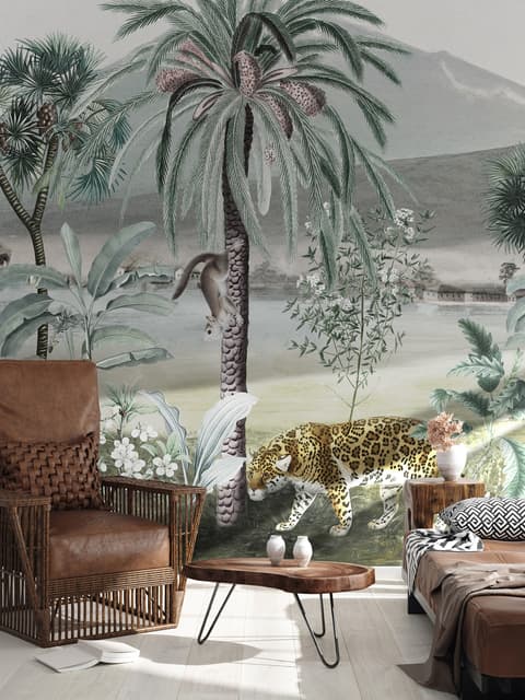 Vintage Exotische Landschaft mit Wildtieren Fototapete