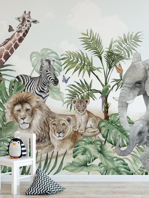 Kids Tropical Animals with Leafs Wallpaper Mural