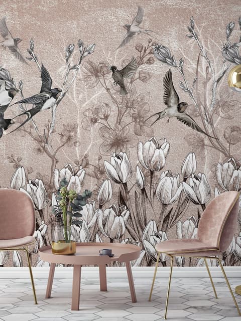 Fototapete Fliegende Vögel auf Blumen