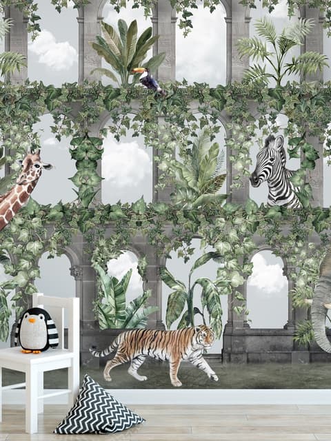Kids Tropical Animals Around the Arch Wallpaper Mural