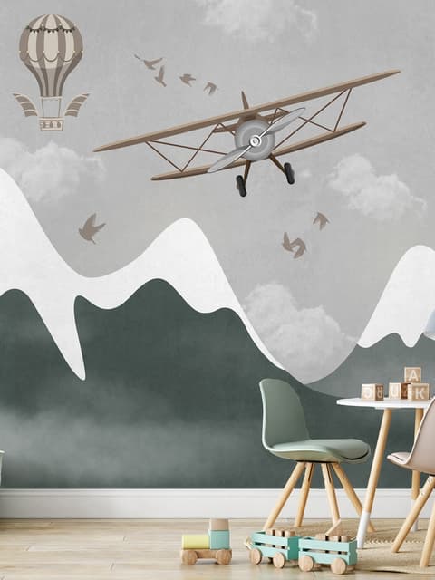 Kids Snowy Mountain with Plane and Balloons Wallpaper Mural