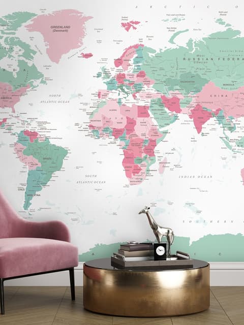 Pink and Green Political World Map Wallpaper Mural