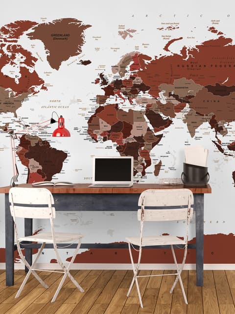 White and Brown Political World Map Wallpaper Mural