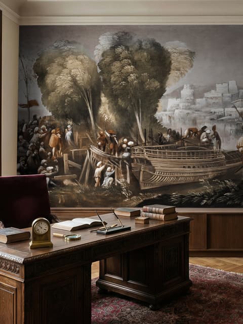 Medieval Lake Landscape with Boats Wallpaper Mural