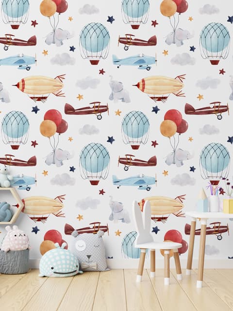 Papier peint panoramique motif montgolfière et avions vintage pour enfants