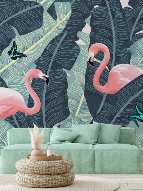Tropische Bananenblätter mit Rosa Flamingo Fototapete