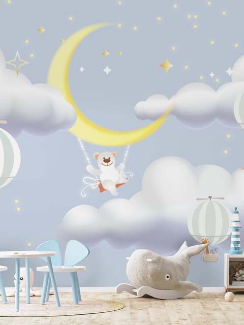 Papier peint nuage dessin animé et lune jaune pour enfants