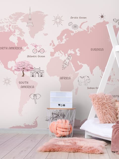 For Girls Pink Monochrome World Map Wallpaper Mural