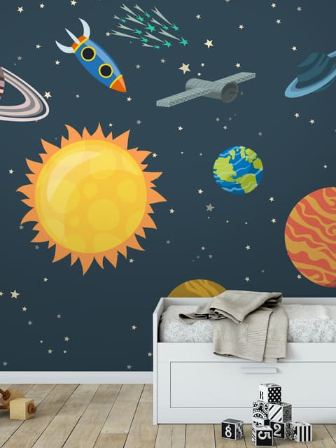 Kids Boys Watercolor Space and Solar System Wallpaper Mural