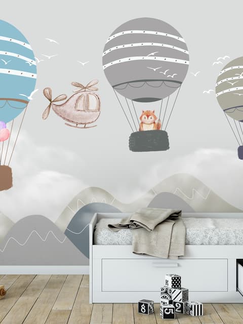 Papier peint panoramique montgolfière et avion cartoon pour enfants