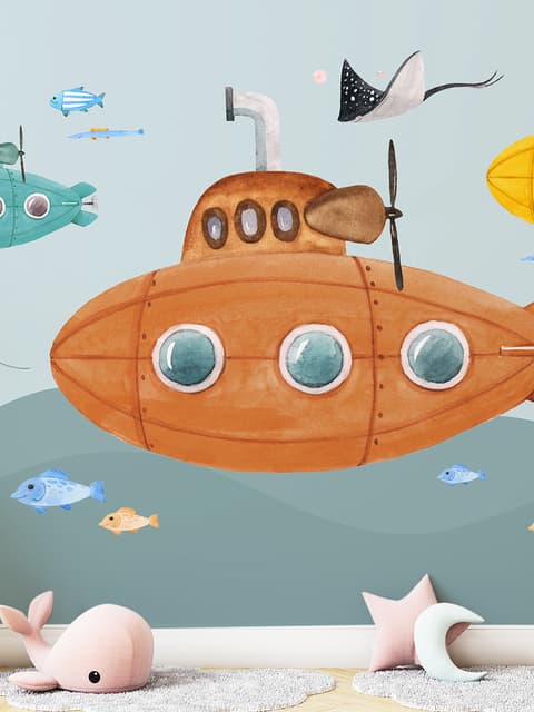 Kinder Jungen Aquarell Unterwasser mit U-Boot Fototapete