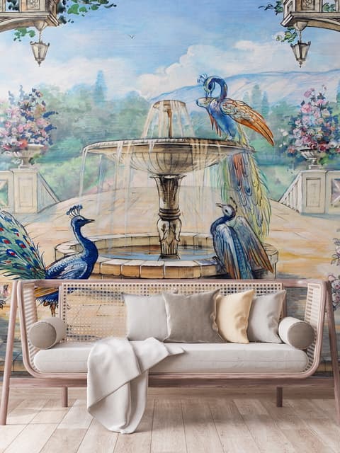 Painting Garden with Fountain, Peacock and Roman Column Wallpaper Mural