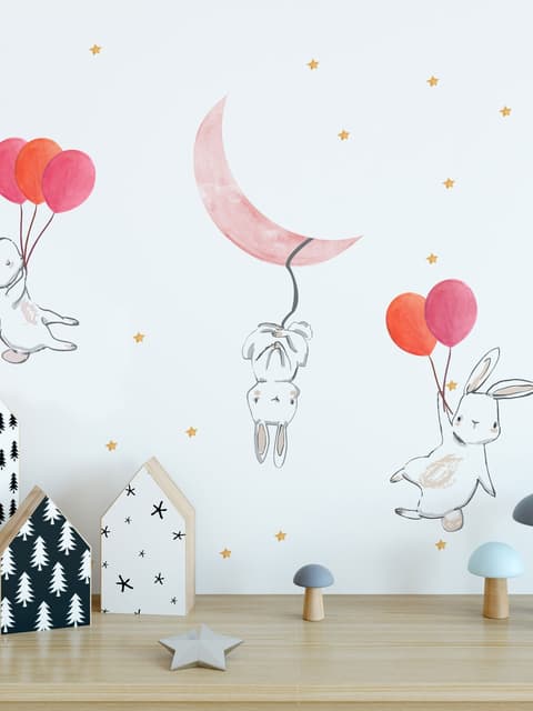 Kids Cartoon Rabbits with Colorful Balloons and Moon Wall Decal Sticker