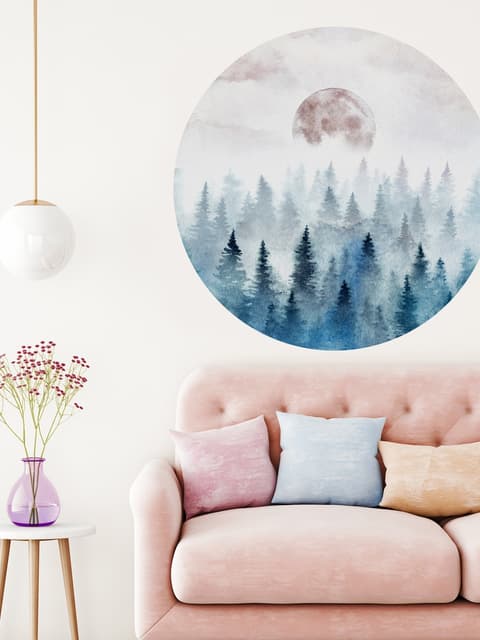 Nebliger Wald mit aufgehender Mond Landschaft Kreis Wandtattoo