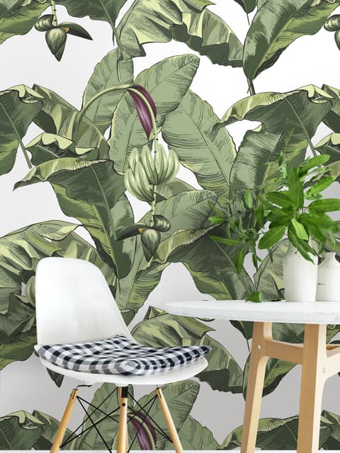 Papier peint feuilles banane tropicales vertes fleurs calla