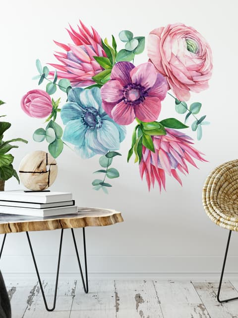 Watercolor Pink Protea with Ranunculus and Tulips Wall Decal Sticker